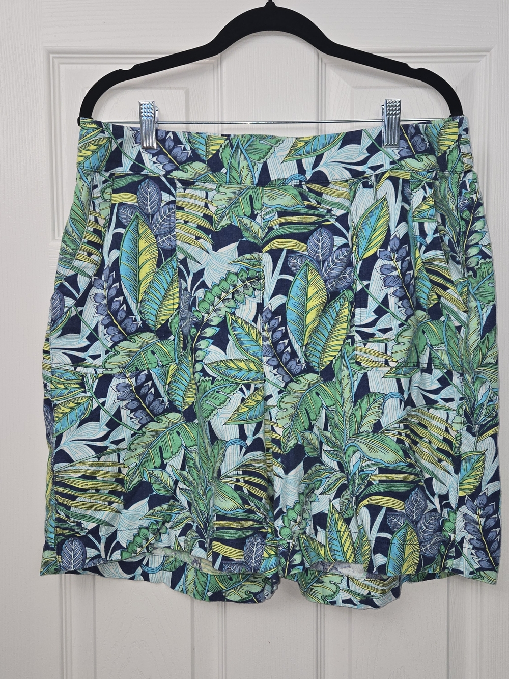 Soft Surroundings XL Tropical Palm Leaf Linen Blend Shorts Green Blue Hawaiian